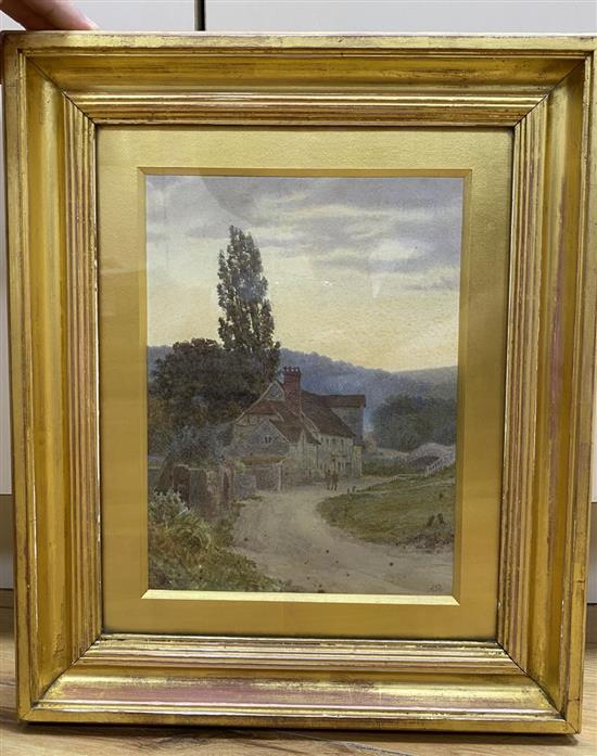 Nathaniel Hughes John Baird (1865-1936), watercolour, Figures passing houses at sunset, monogrammed, Fine Art Society label verso, 25 x